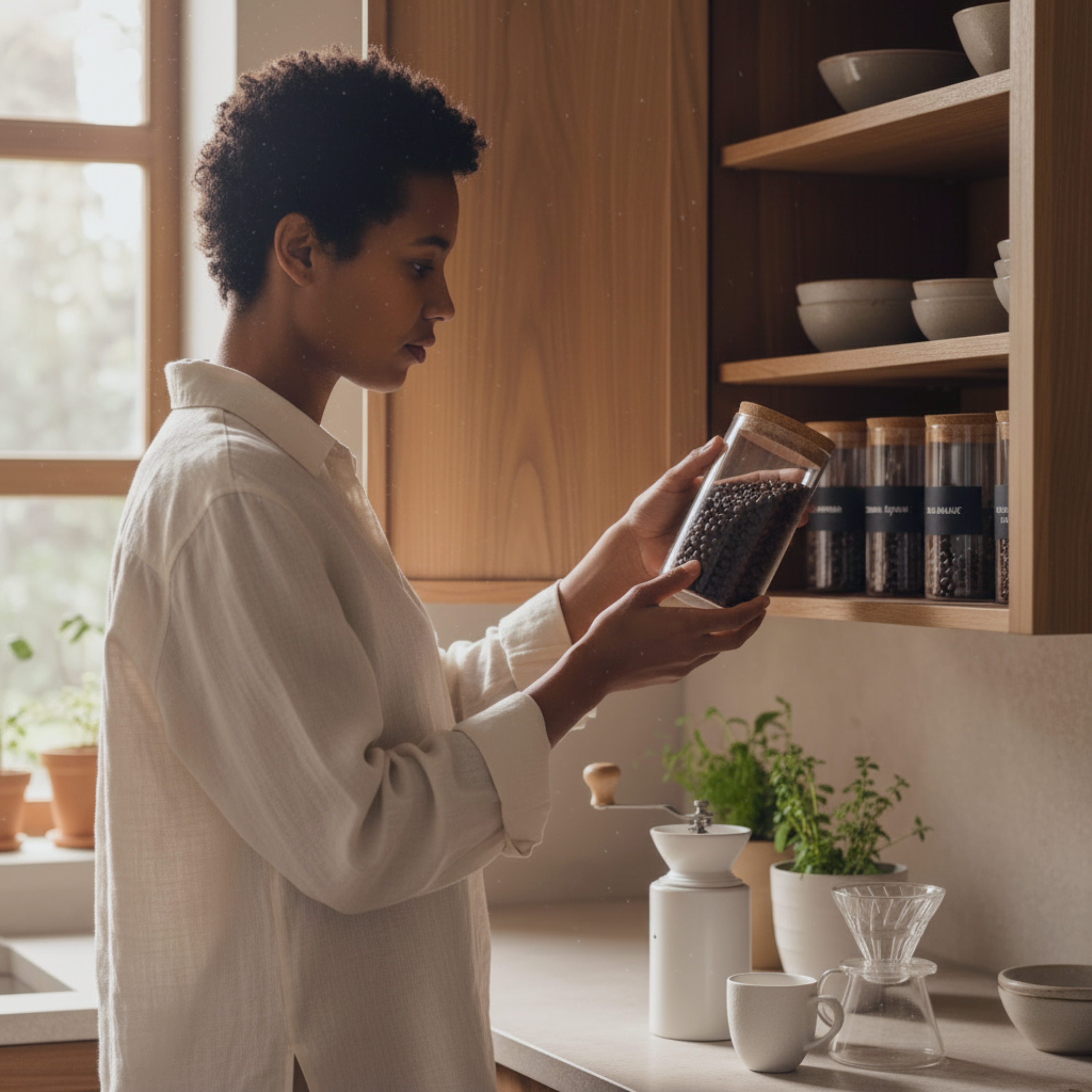 Person holding a coffee bag in a kitchen with shelves and plants. Single Origin Club.