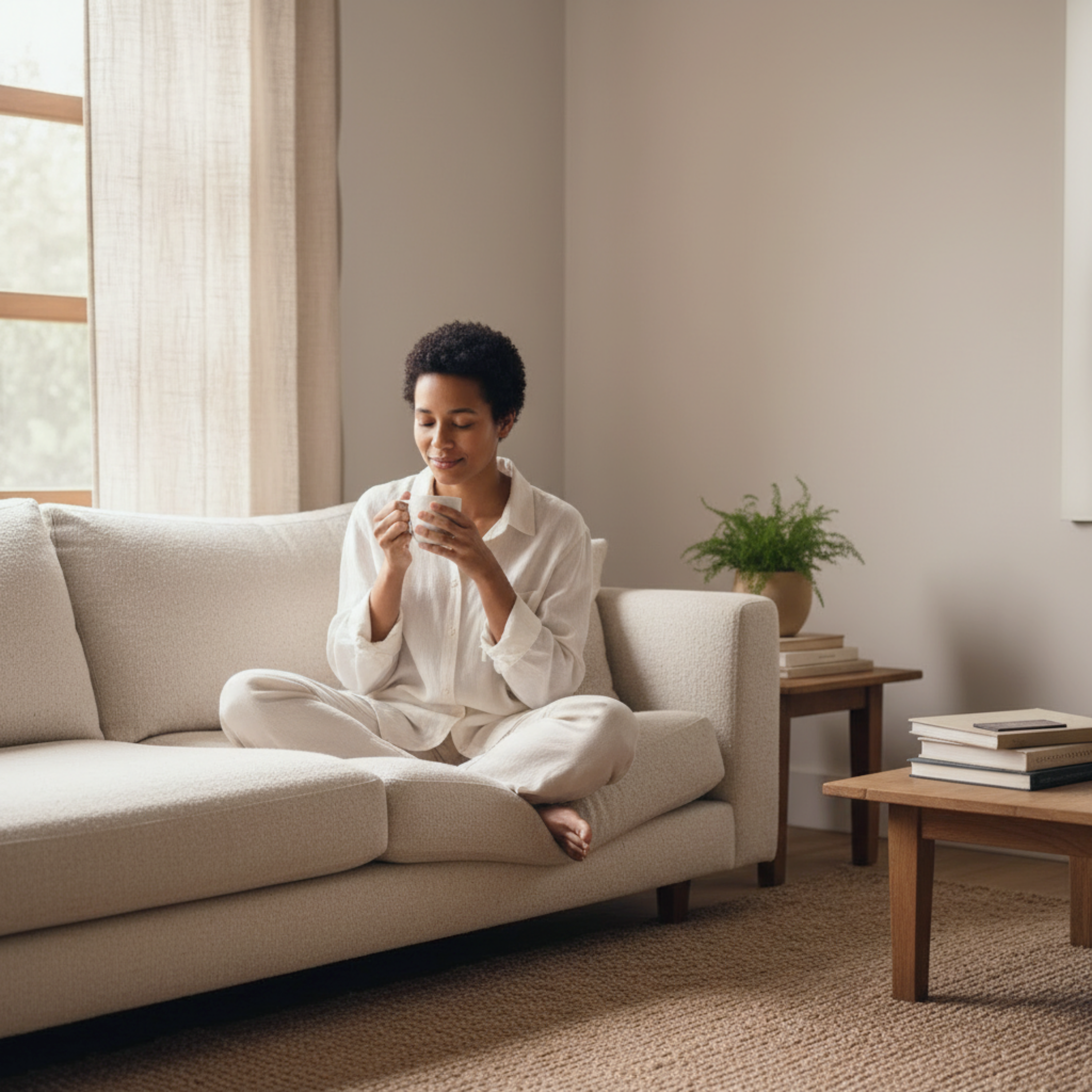 Woman sitting on a beige sofa in a living room, holding a cup of coffee. Single Origin Club.