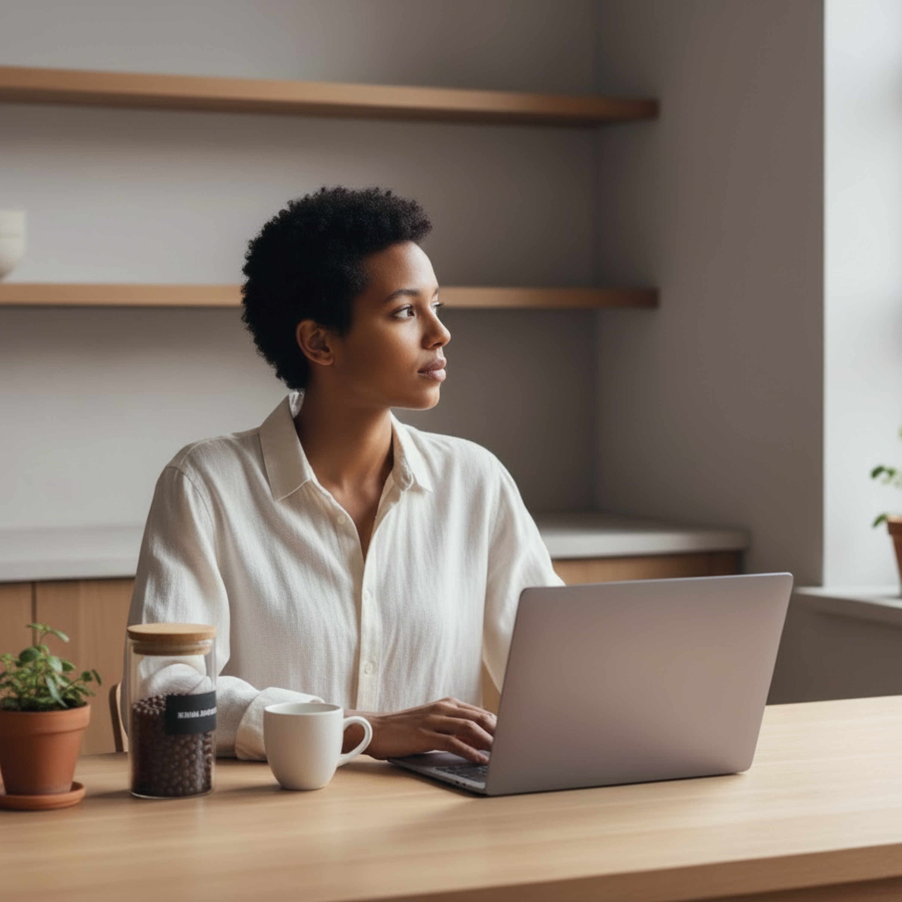 Woman sitting at a desk with a laptop, coffee, and plants in a home office setting. Single Origin Club.