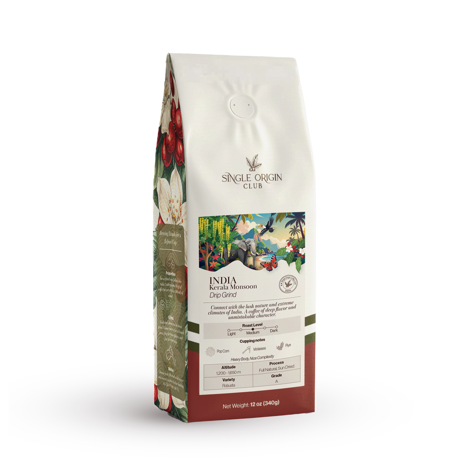 Coffee bag from Single Origin Club with colorful graphics on a white background