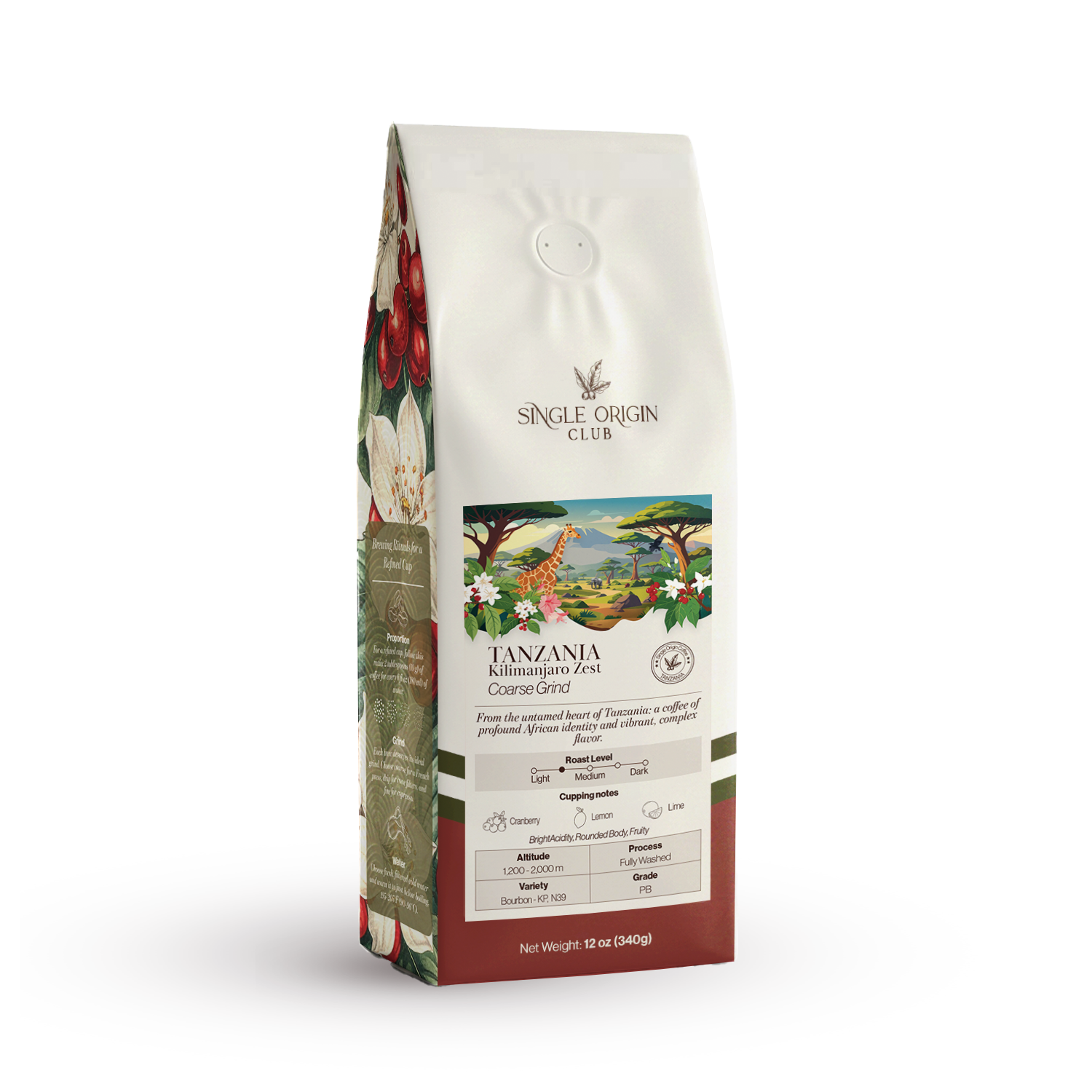 Coffee bag from Single Origin Club with scenic design on a white background