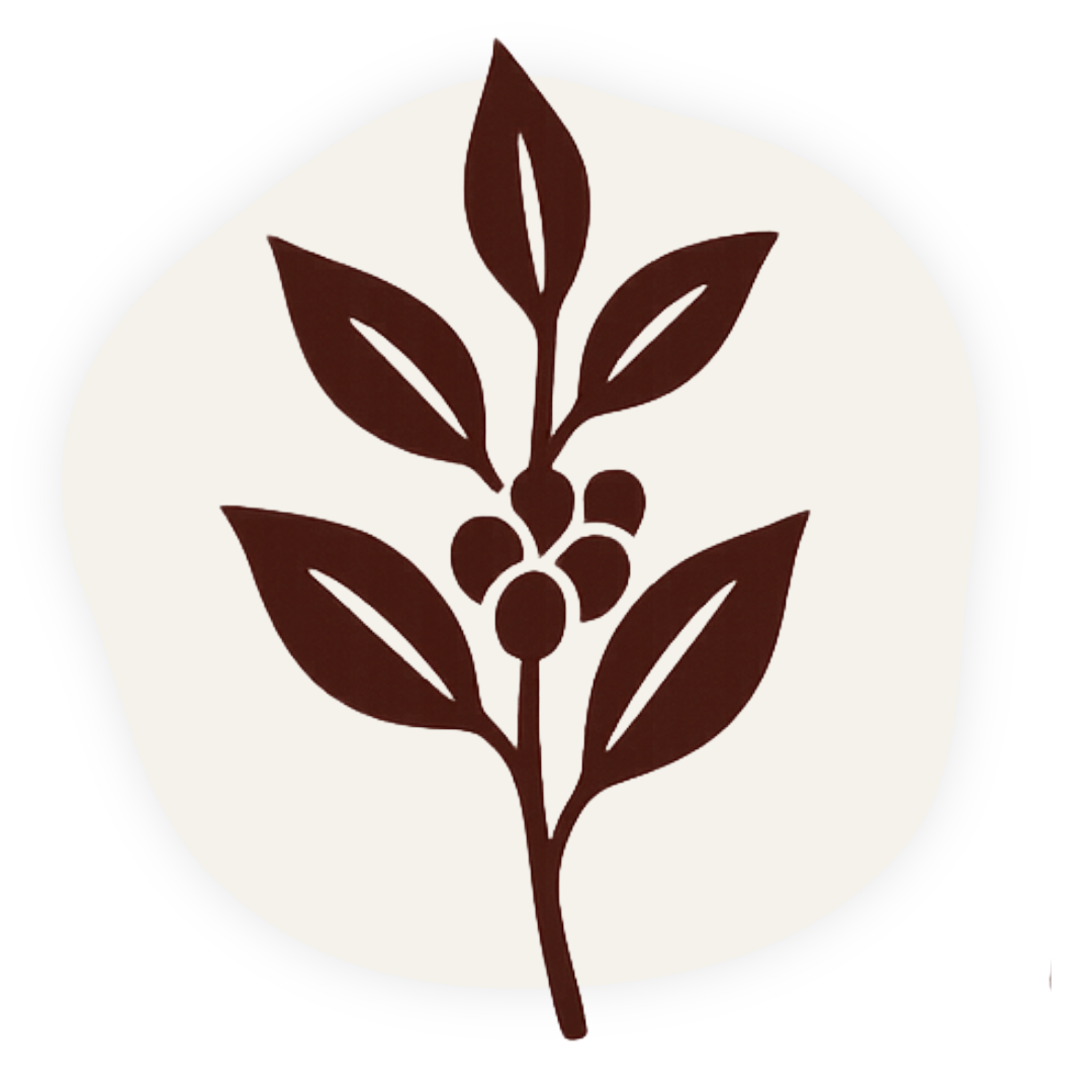 Brown silhouette of a coffee plant with leaves and berries on a white background